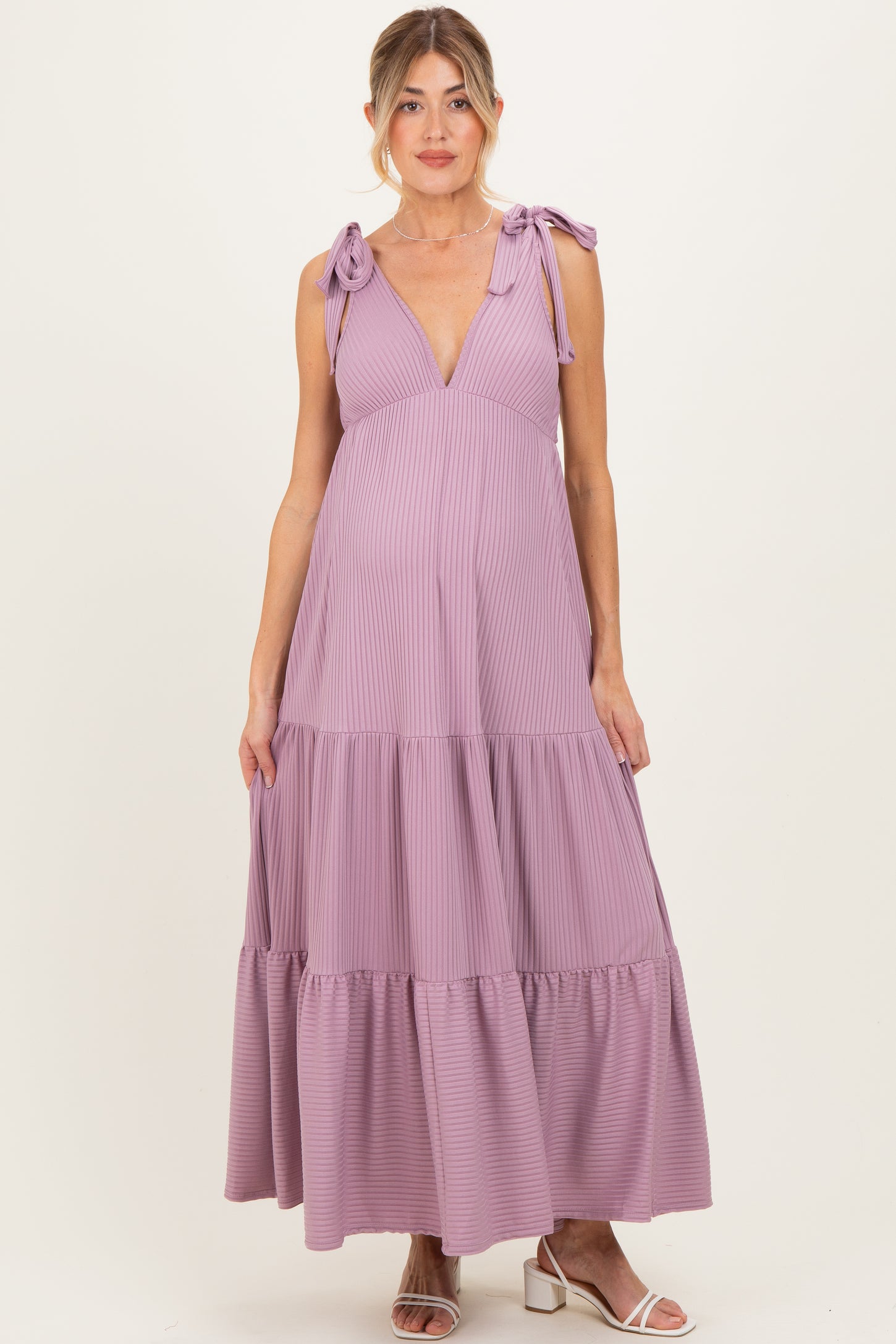 Violet Shoulder Tie Ribbed Tiered Maternity Maxi Dress