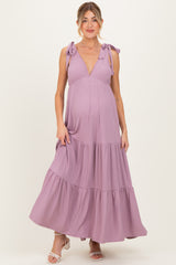 Violet Shoulder Tie Ribbed Tiered Maternity Maxi Dress