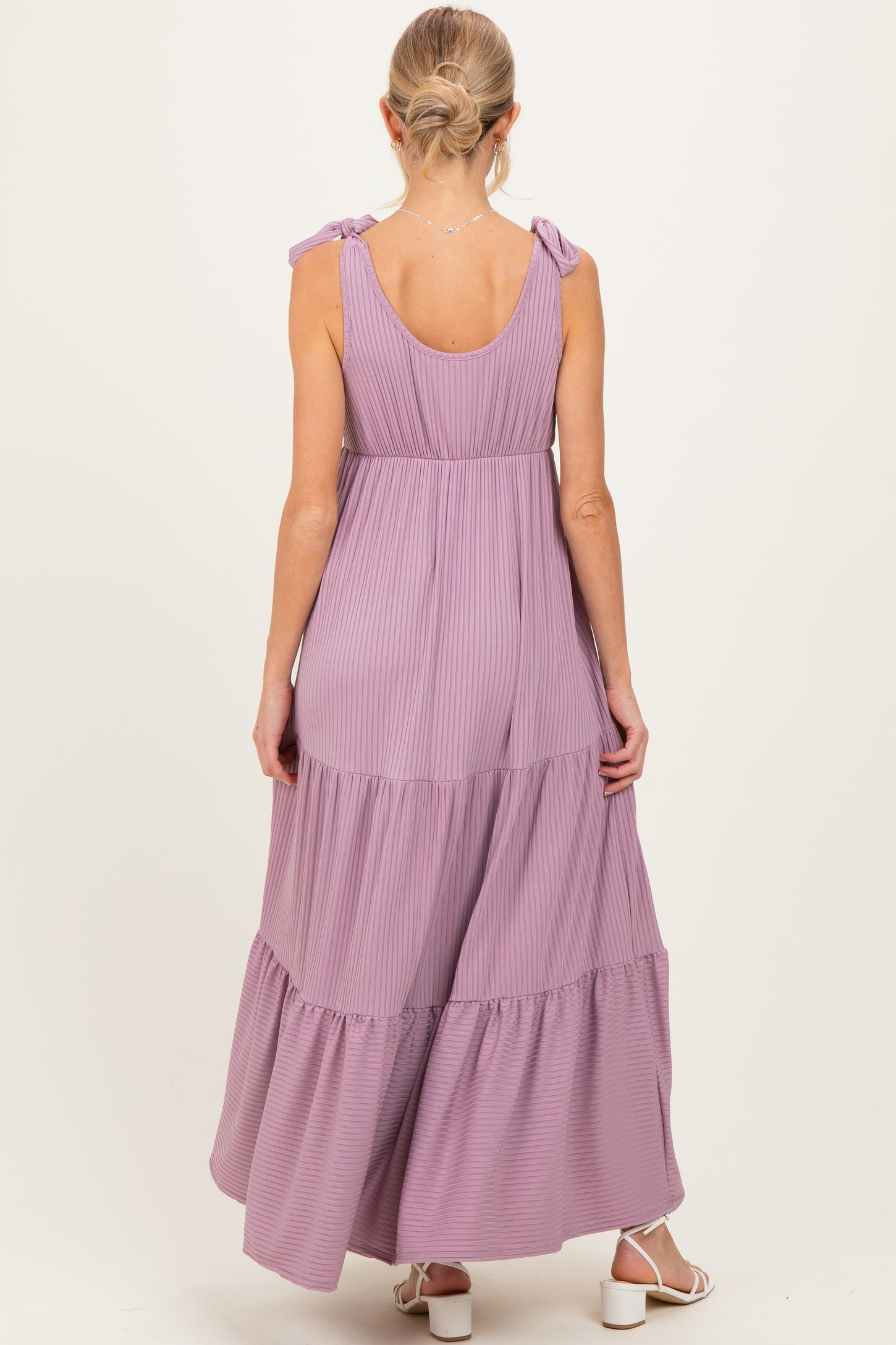 Violet Shoulder Tie Ribbed Tiered Maternity Maxi Dress