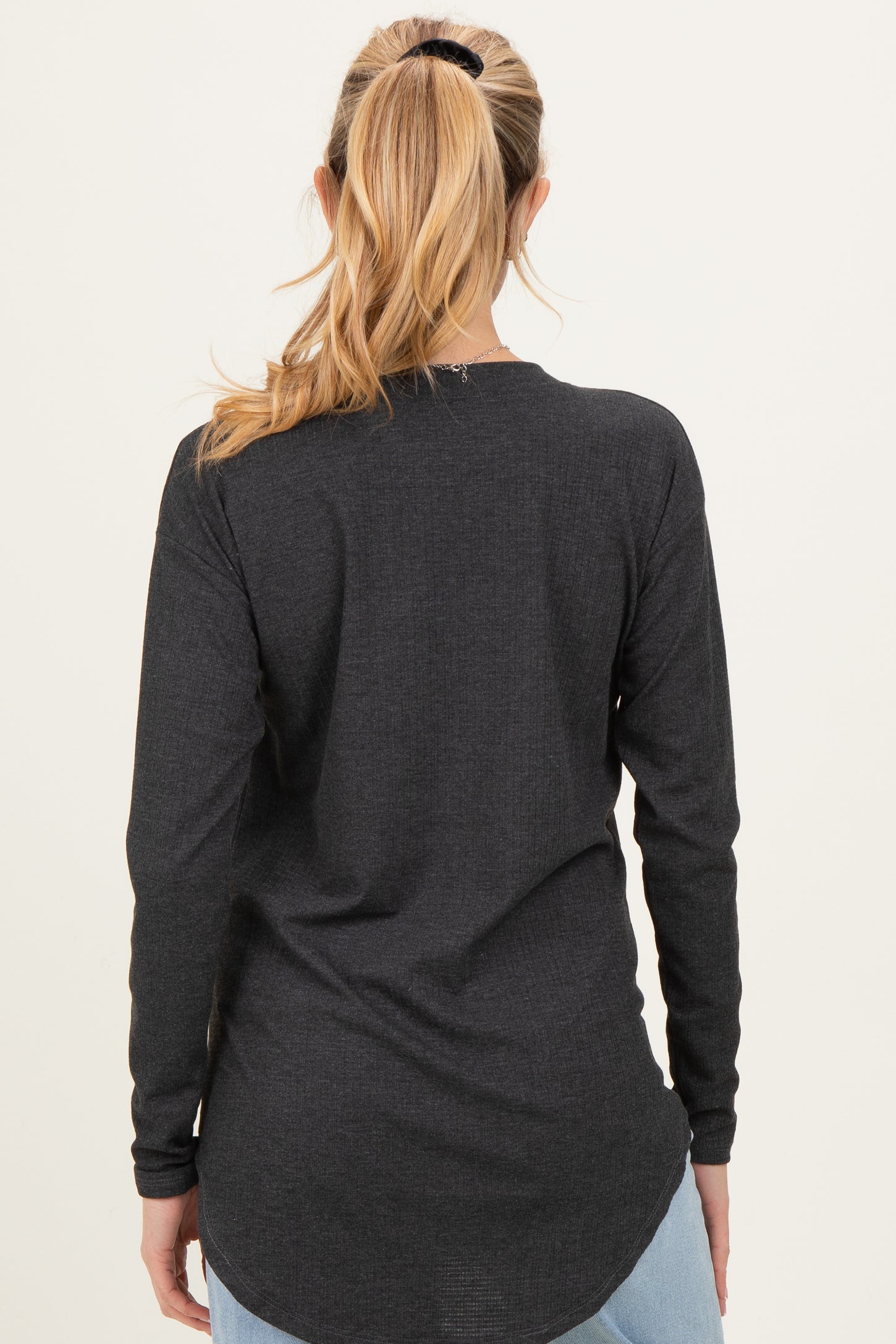 Charcoal Long Sleeve Round Hem Textured Maternity Top