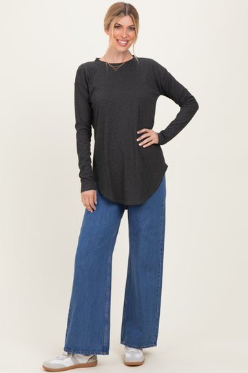 Charcoal Long Sleeve Round Hem Textured Top