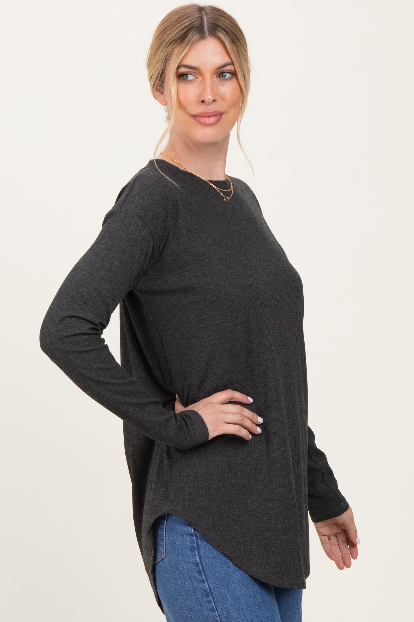 Charcoal Long Sleeve Round Hem Textured Top