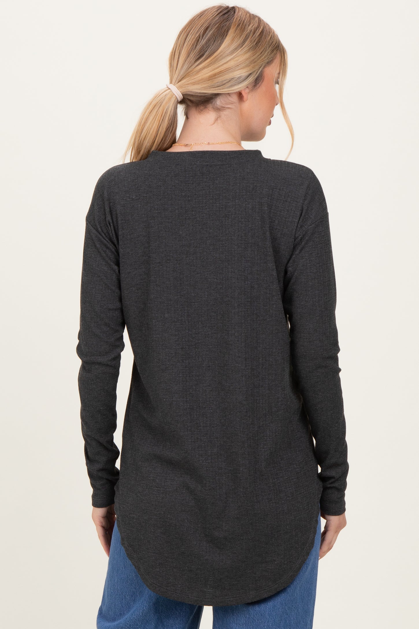 Charcoal Long Sleeve Round Hem Textured Top
