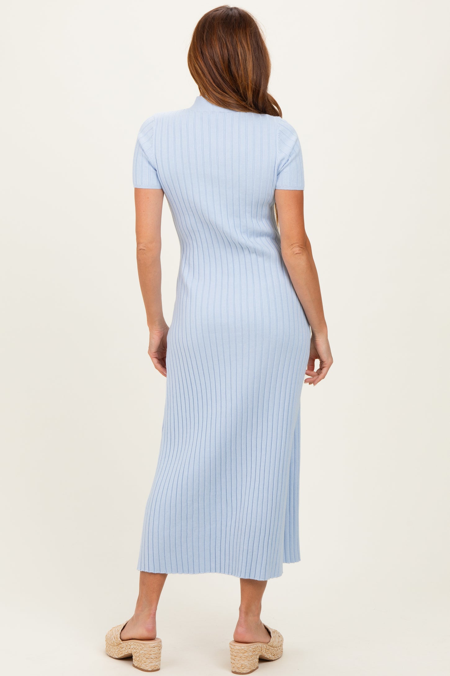 Sky Blue Ribbed Knit Tie Neck Midi Dress