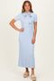 Sky Blue Ribbed Knit Tie Neck Midi Dress