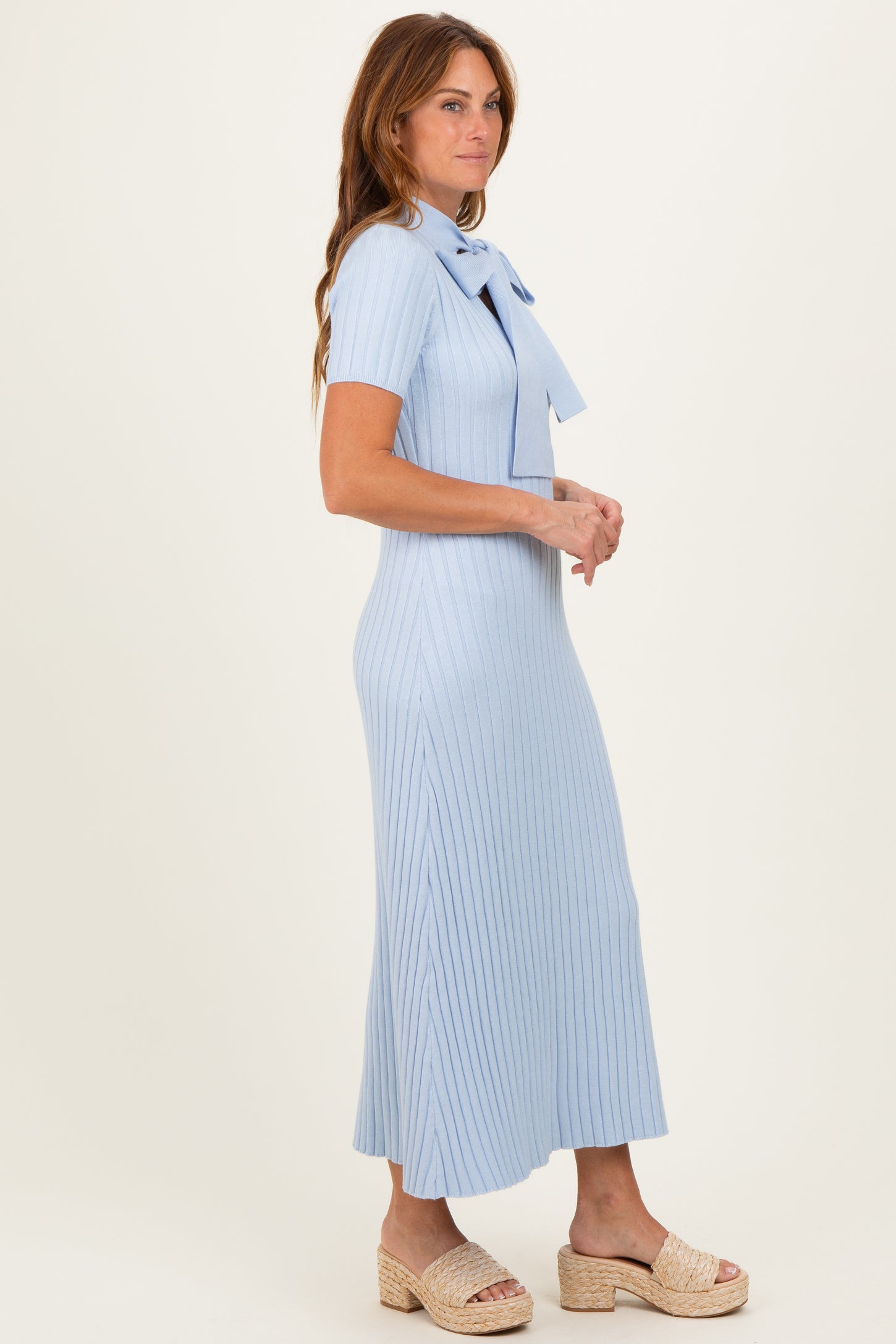 Sky Blue Ribbed Knit Tie Neck Midi Dress