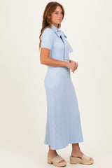 Sky Blue Ribbed Knit Tie Neck Midi Dress