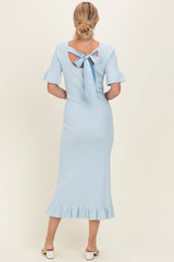 Sky Ribbed Knit Bow Back Ruffle Accent Dress