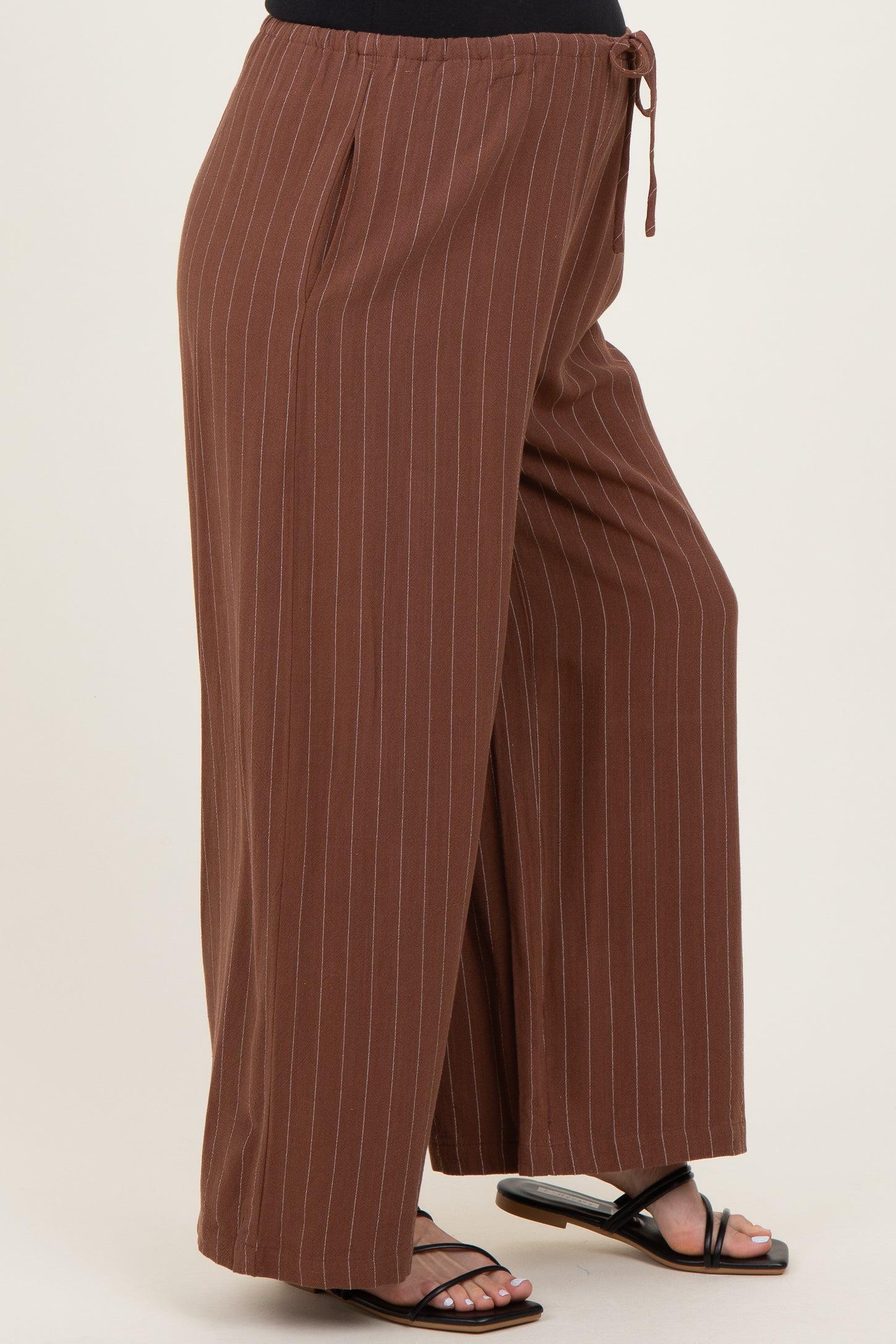Brown Pinstripe Drawstring Maternity Linen Pants