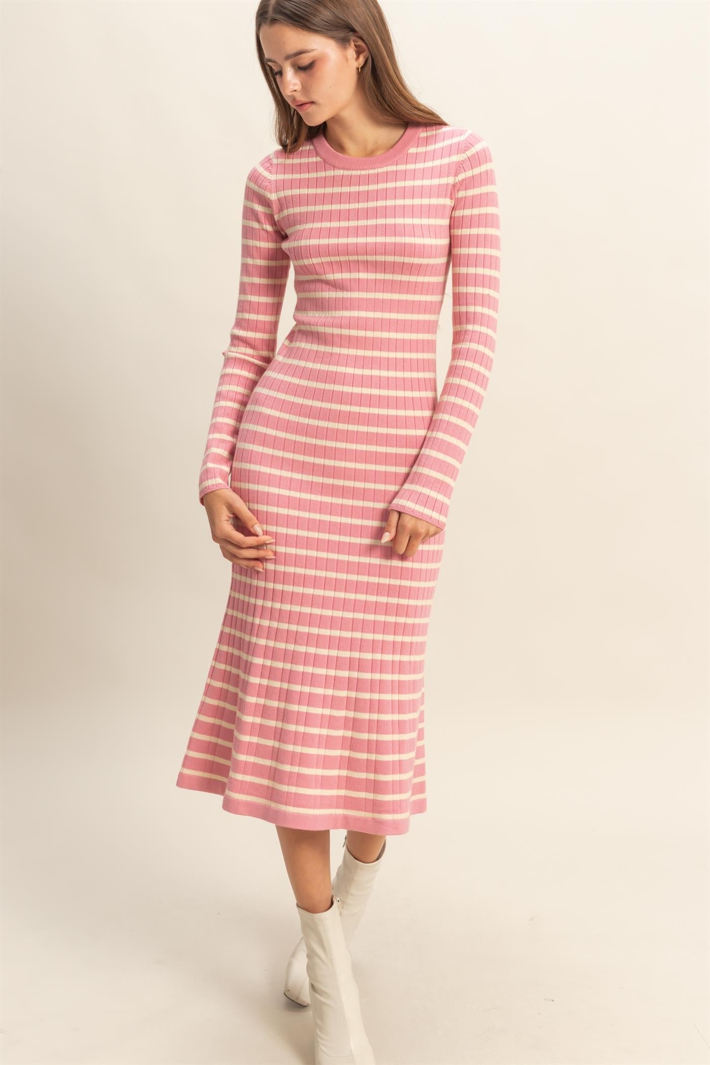 Pink Striped Knit Midi Flare Dress