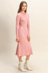 Pink Striped Knit Midi Flare Dress
