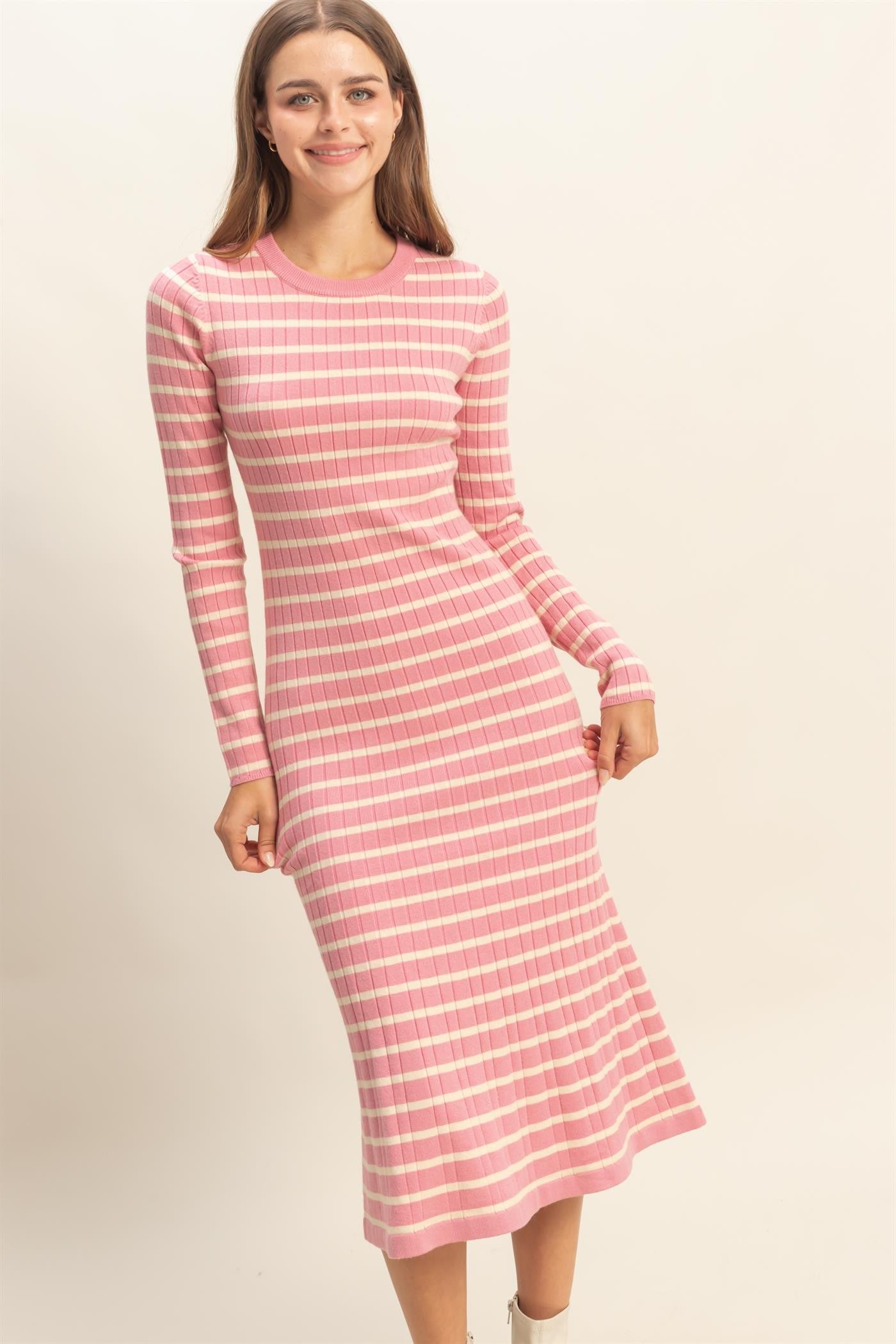 Pink Striped Knit Midi Flare Dress