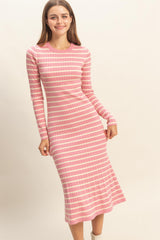 Pink Striped Knit Midi Flare Dress