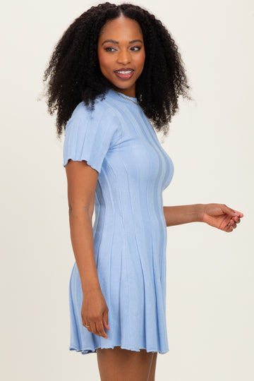 Blue Wide Rib Knit Short Sleeve Mini Dress