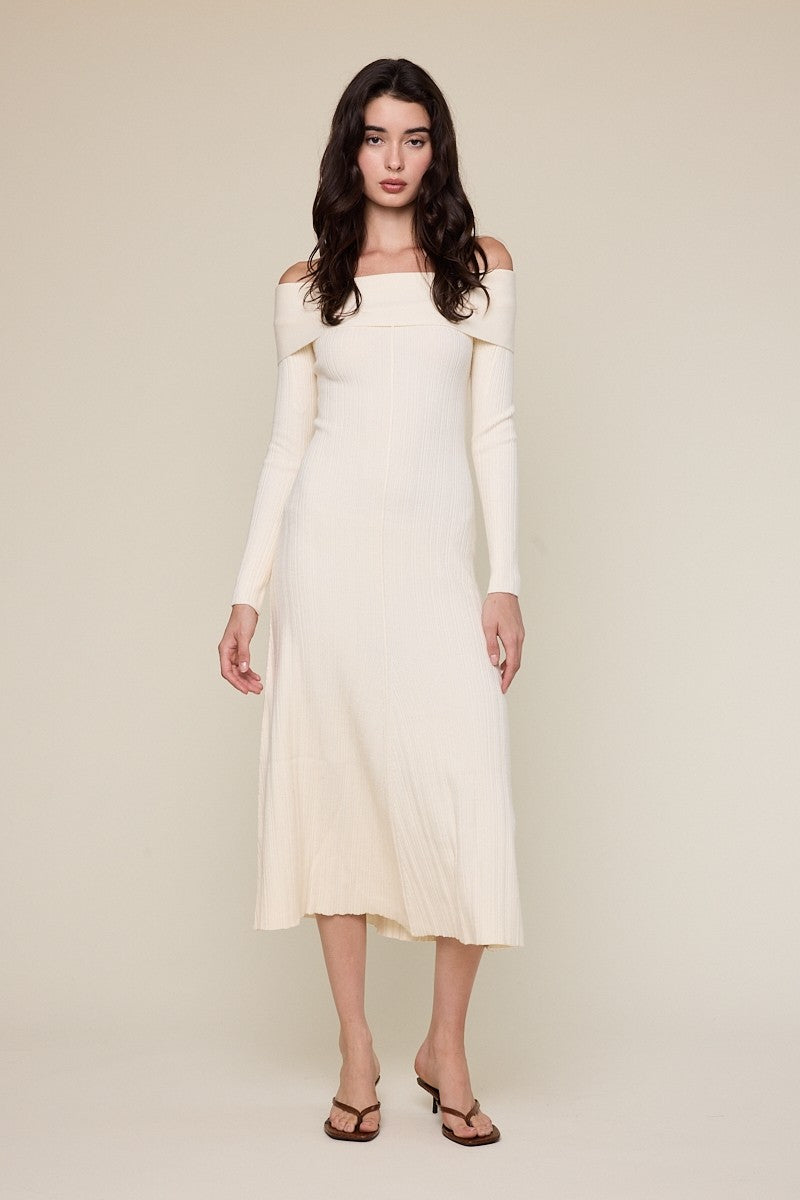 Ivory Off Shoulder Midi Sweater Dress