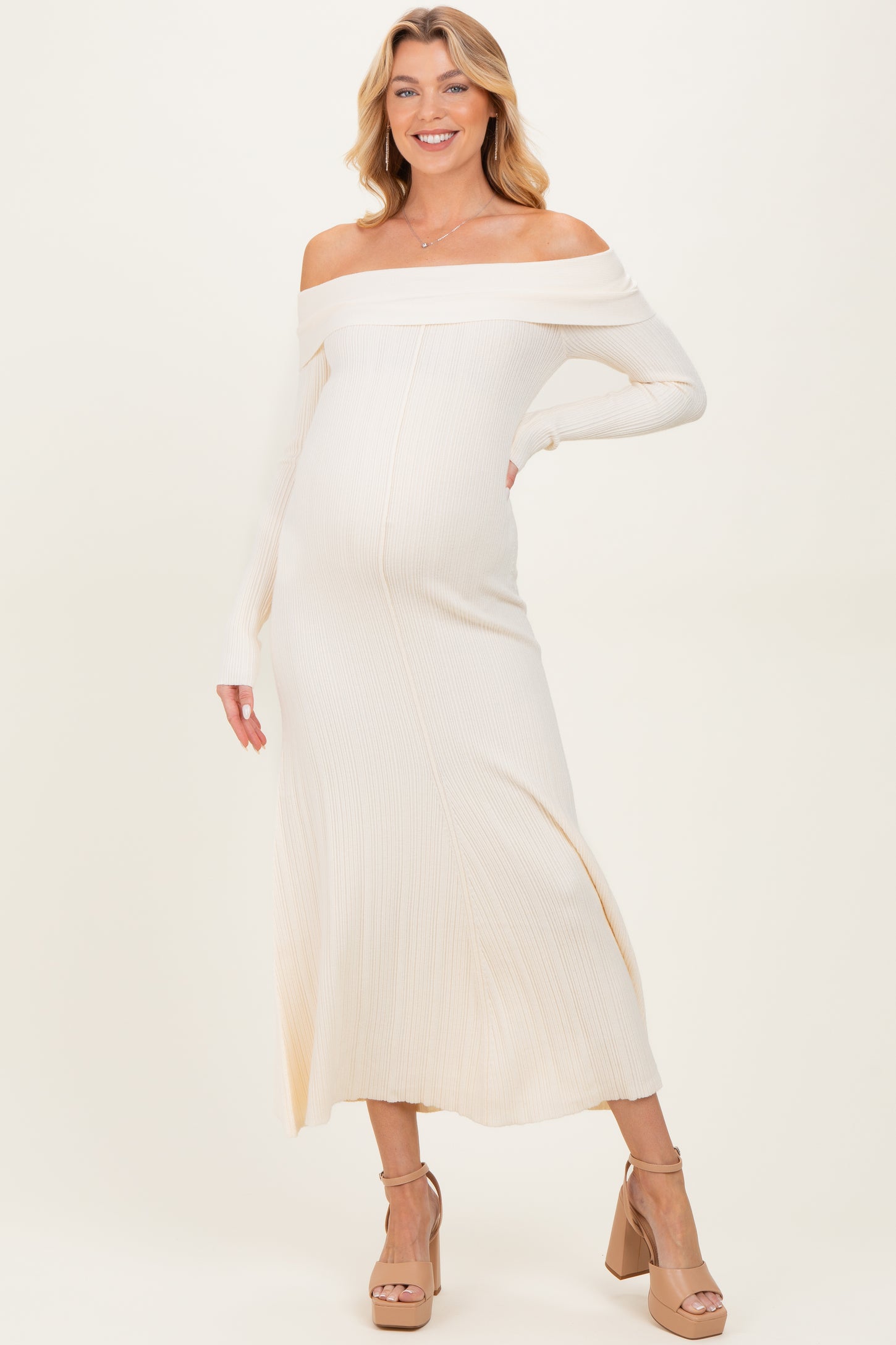 Ivory Off Shoulder Maternity Midi Sweater Dress