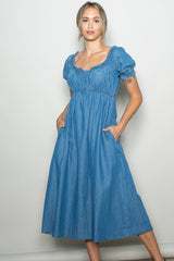 Blue Chambray Ruffle Neckline Maternity Midi Dress