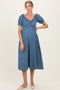 Blue Chambray Ruffle Neckline Maternity Midi Dress