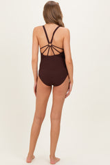 Brown O-Ring Strappy Back Maternity Swimsuit