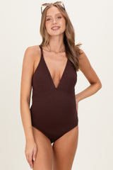 Brown O-Ring Strappy Back Maternity Swimsuit