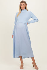 Light Blue Knit Contrast Top Satin Maternity Midi Dress