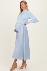 Light Blue Knit Contrast Top Satin Maternity Midi Dress