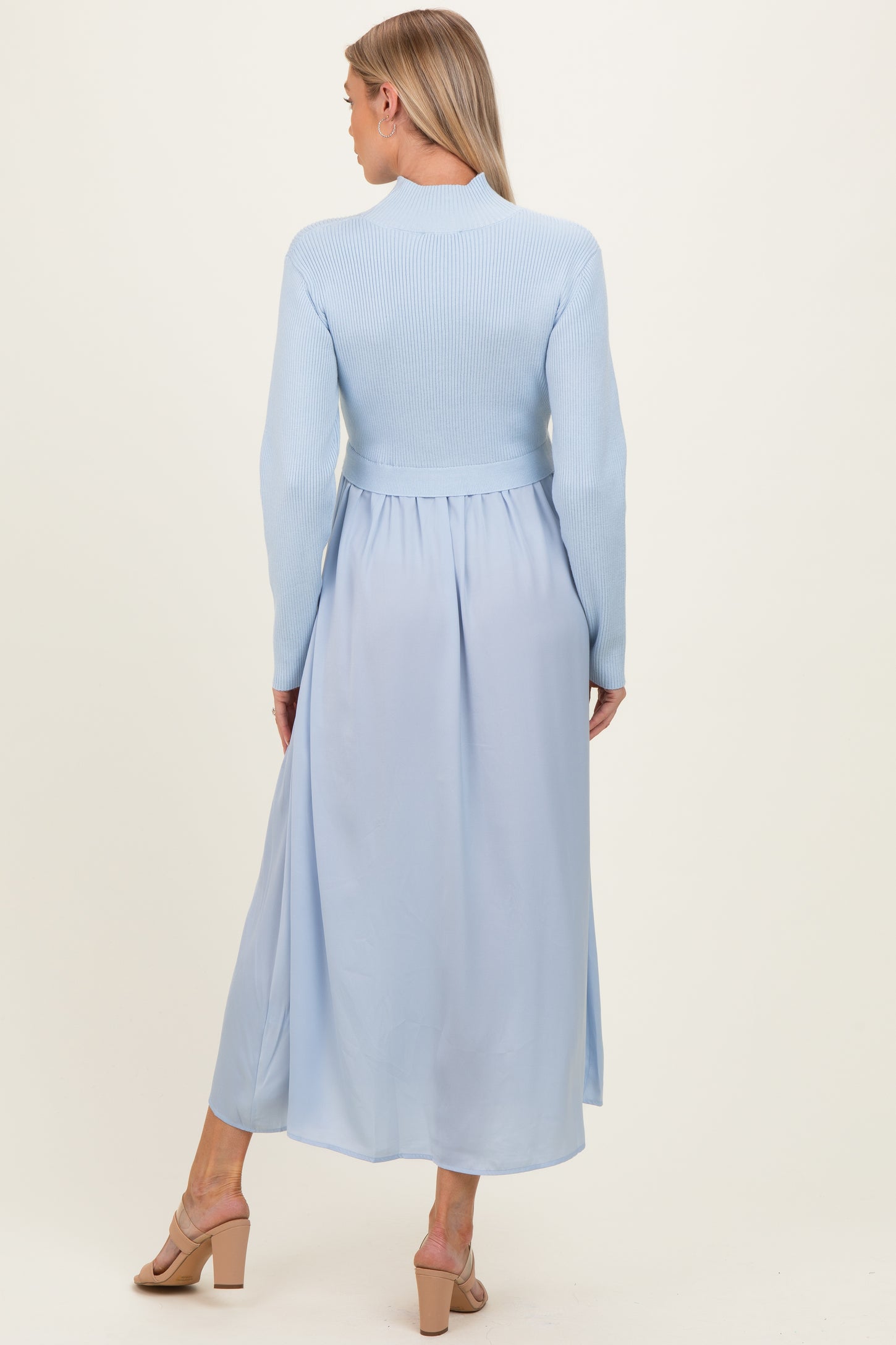 Light Blue Knit Contrast Top Satin Maternity Midi Dress