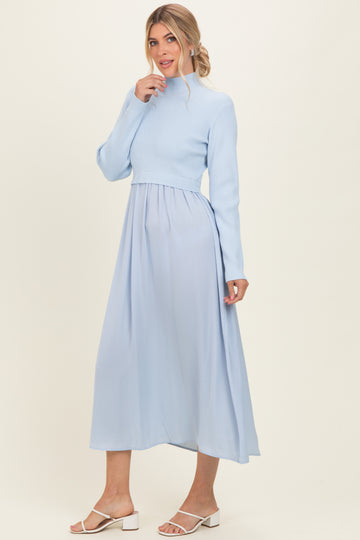 Light Blue Knit Contrast Top Satin Midi Dress