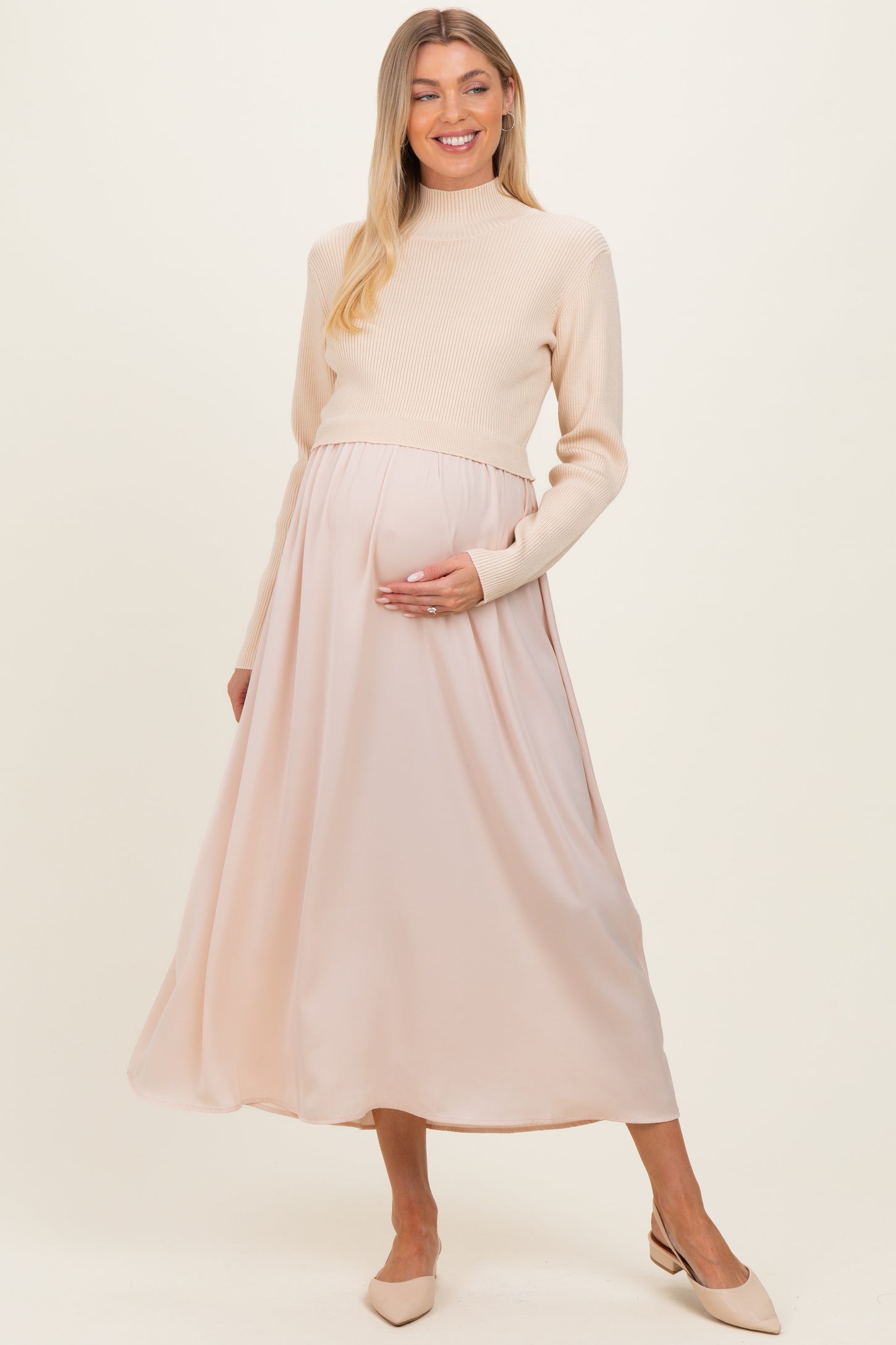 Light Beige Knit Contrast Top Satin Maternity Midi Dress