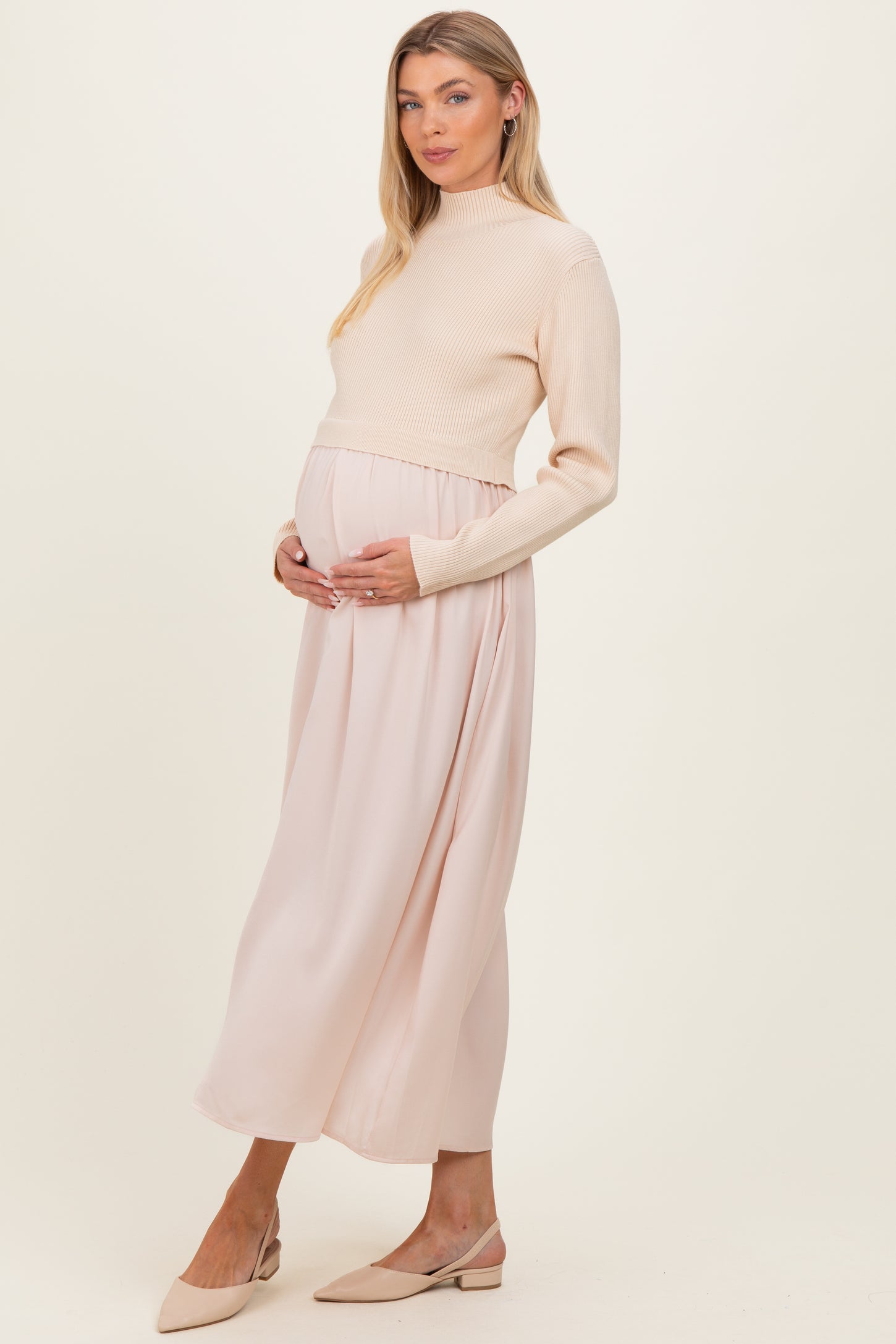 Light Beige Knit Contrast Top Satin Maternity Midi Dress