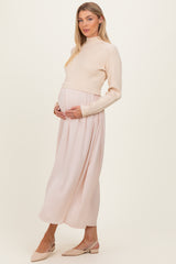 Light Beige Knit Contrast Top Satin Maternity Midi Dress