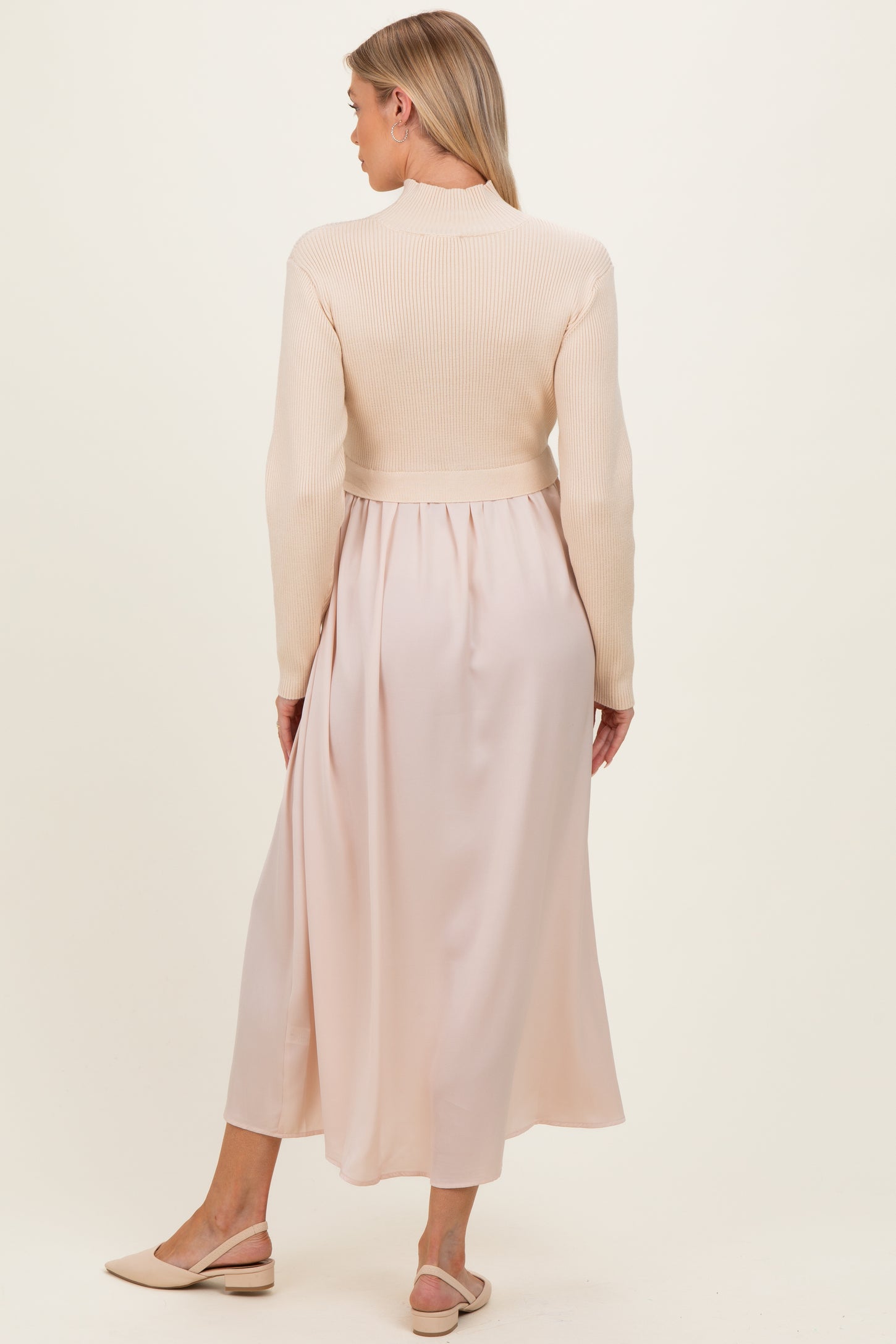 Light Beige Knit Contrast Top Satin Maternity Midi Dress