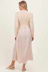Light Beige Knit Contrast Top Satin Maternity Midi Dress