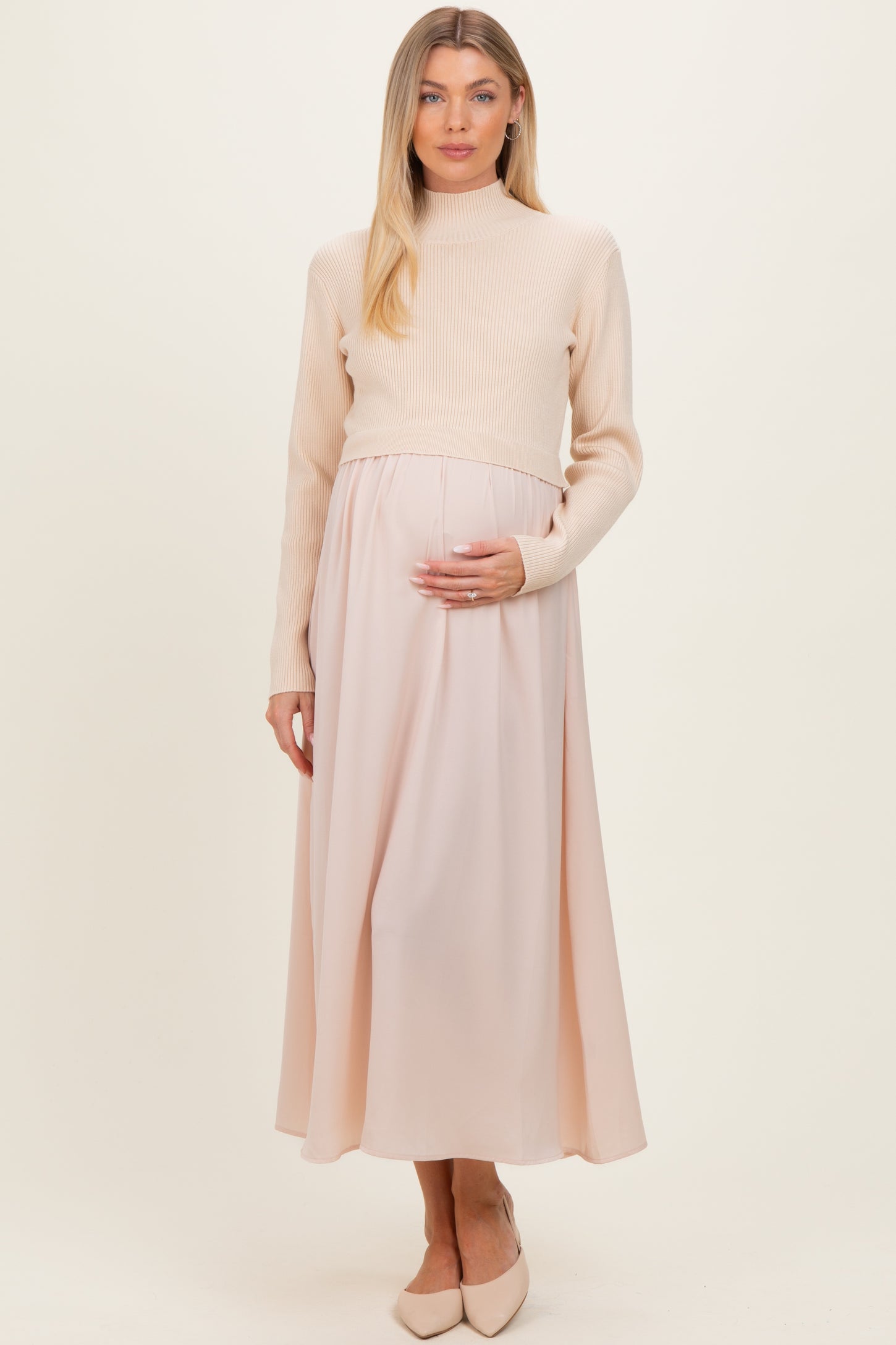 Light Beige Knit Contrast Top Satin Maternity Midi Dress