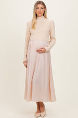Light Beige Knit Contrast Top Satin Maternity Midi Dress