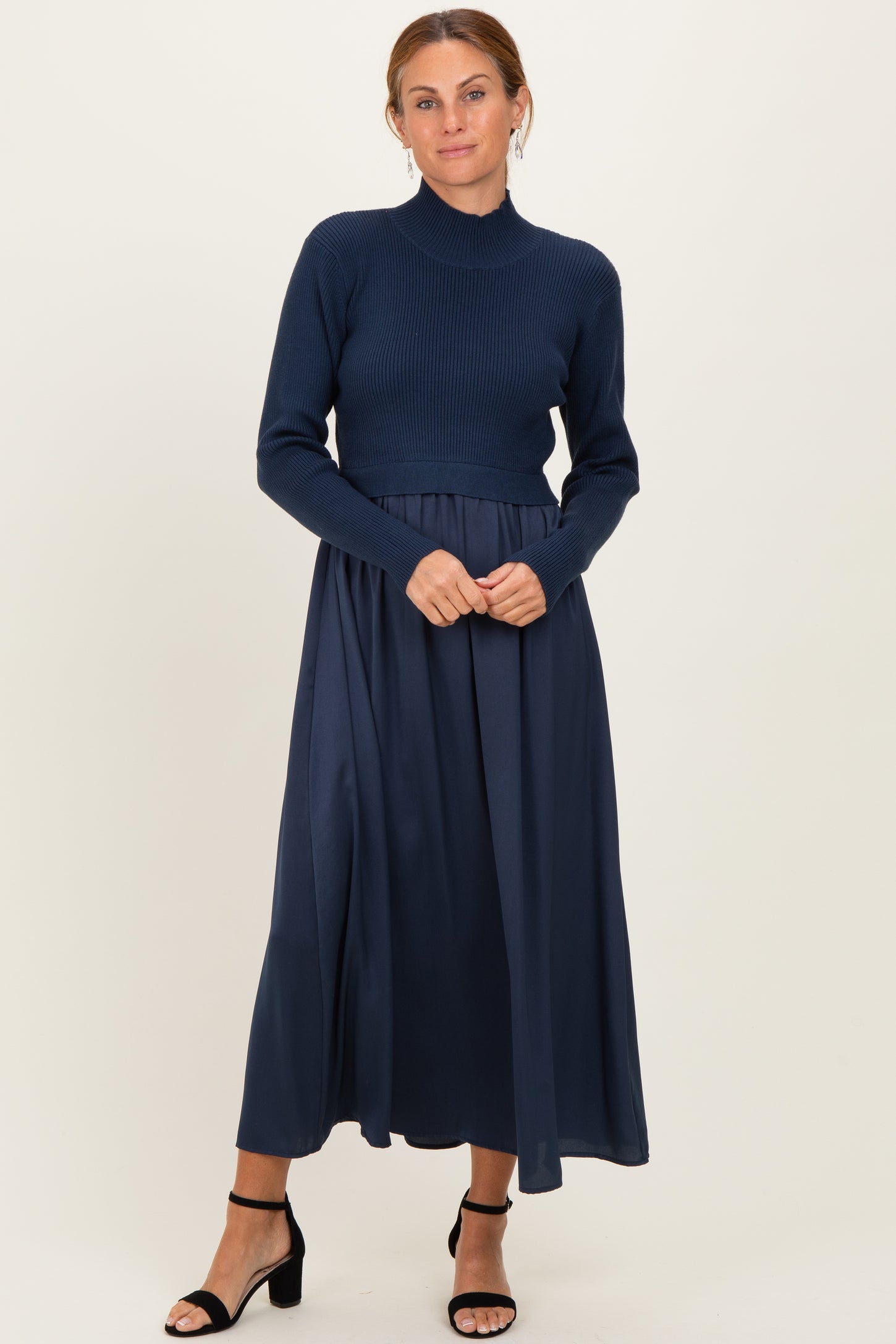 Navy Knit Contrast Top Satin Midi Dress