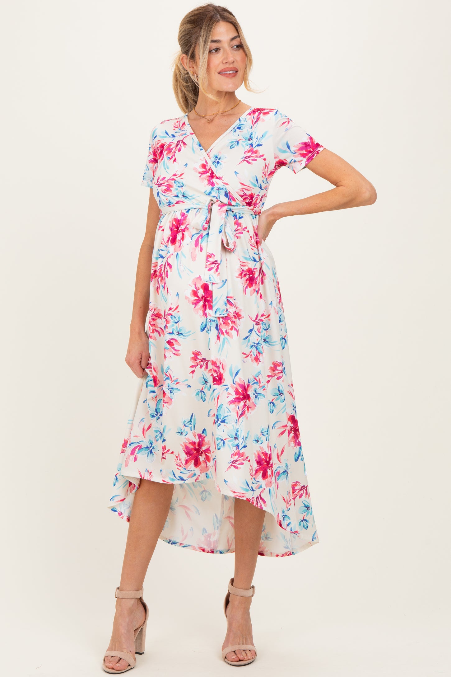 Taupe Floral Print Short Sleeve Hi-Low Maternity Wrap Dress