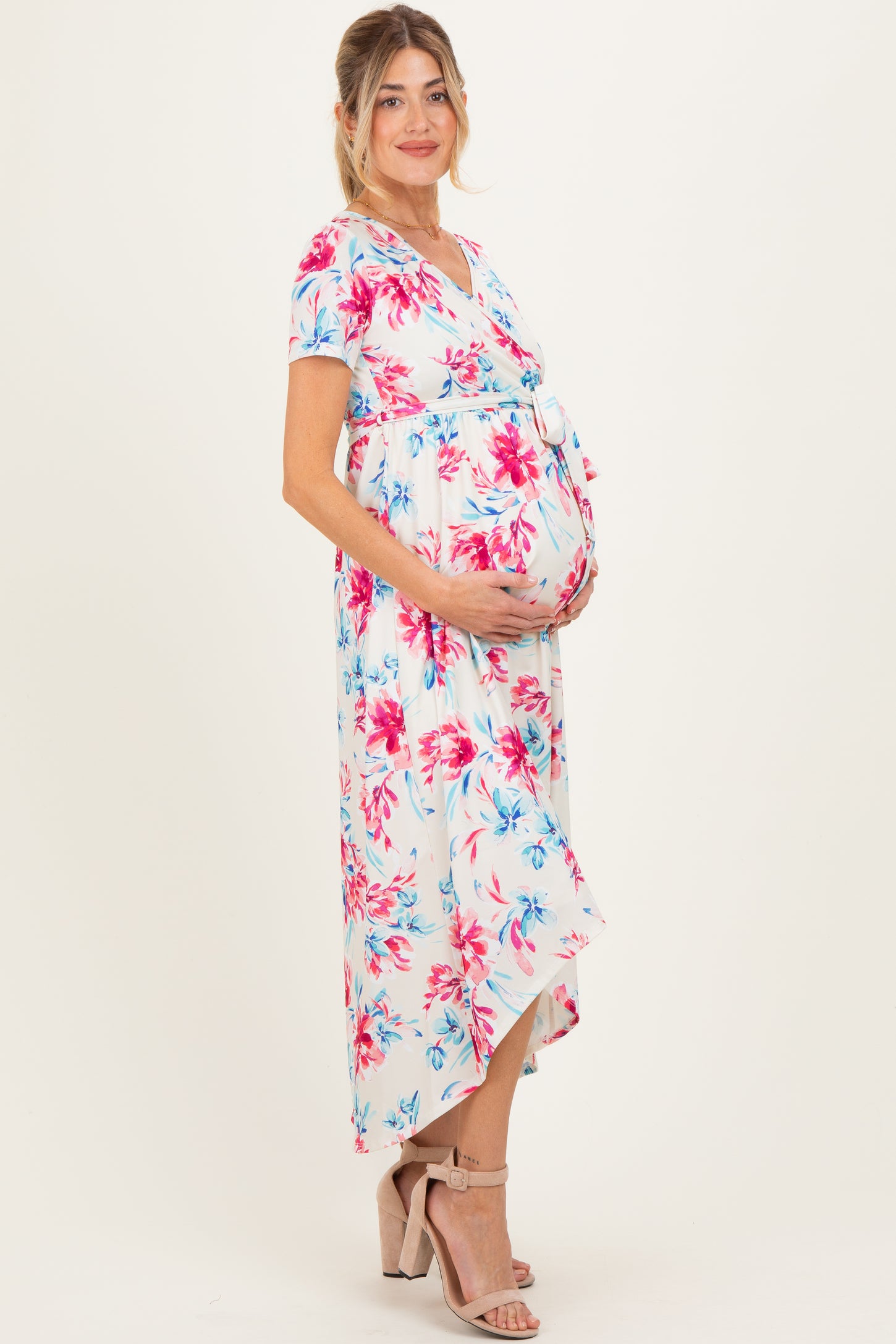 Taupe Floral Print Short Sleeve Hi-Low Maternity Wrap Dress