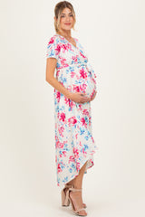 Taupe Floral Print Short Sleeve Hi-Low Maternity Wrap Dress