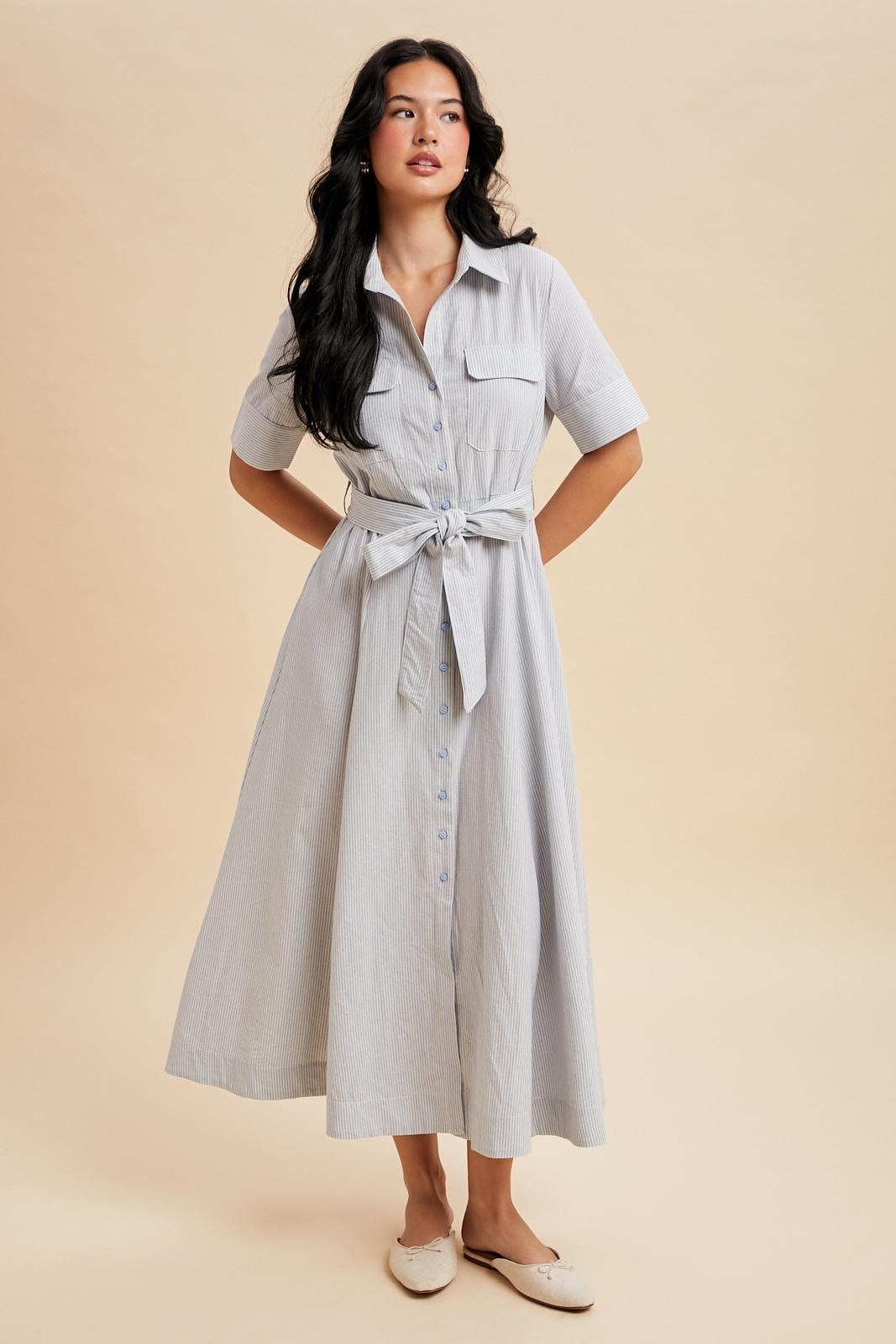 Light Blue Striped Cotton Button Down Maxi Dress