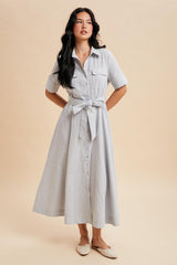 Light Blue Striped Cotton Button Down Maxi Dress