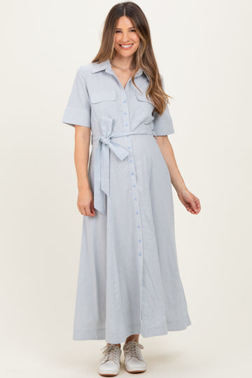 Light Blue Striped Cotton Button Down Maternity Maxi Dress