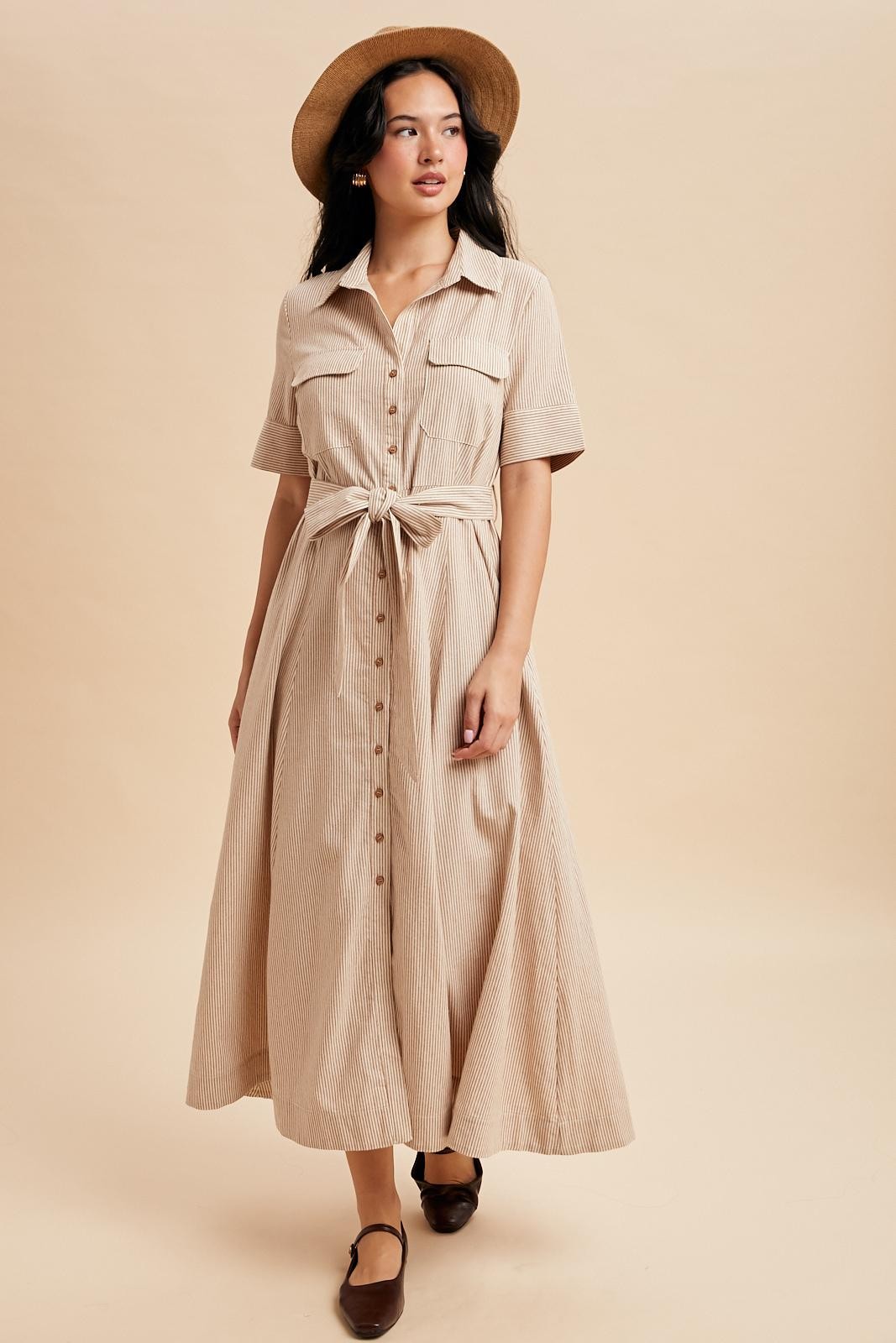 Beige Striped Cotton Button Down Maxi Dress