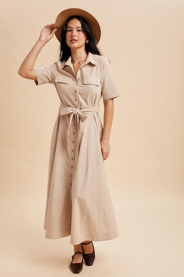 Beige Striped Cotton Button Down Maxi Dress