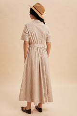 Beige Striped Cotton Button Down Maxi Dress