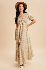 Beige Smocked Gingham Maxi Dress