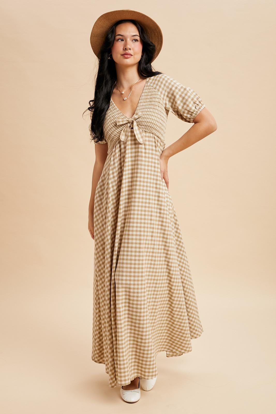 Beige Smocked Gingham Maternity Maxi Dress