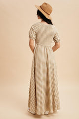 Beige Smocked Gingham Maxi Dress