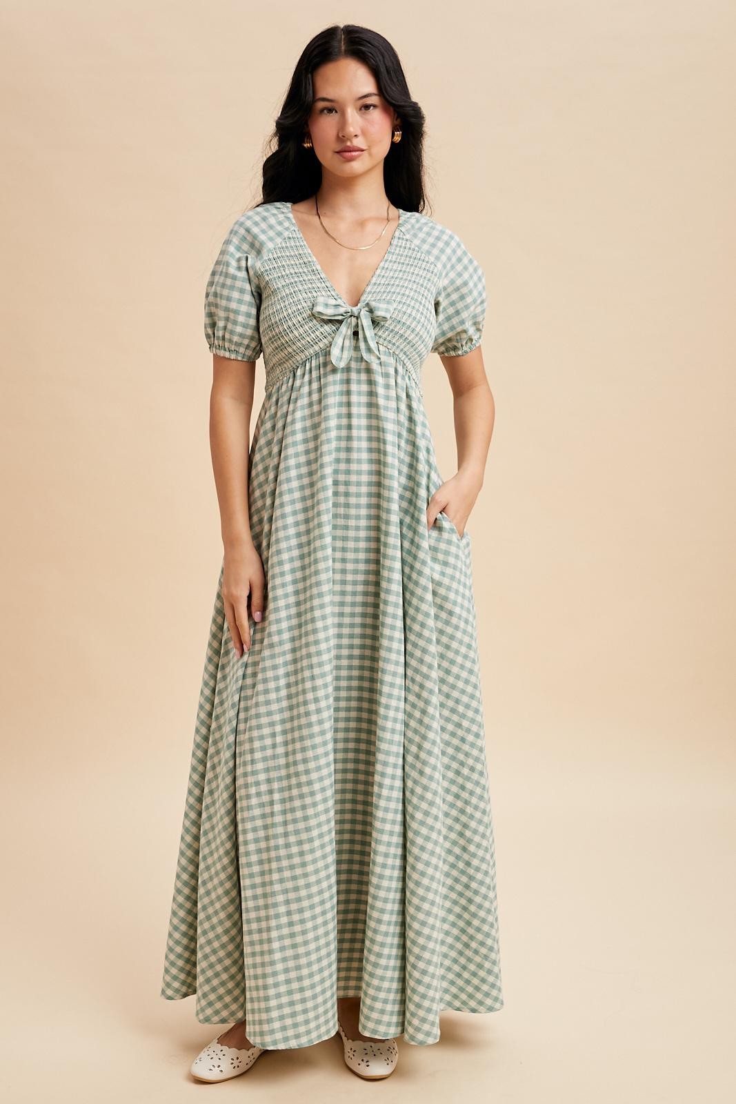 Mint Smocked Gingham Maternity Maxi Dress
