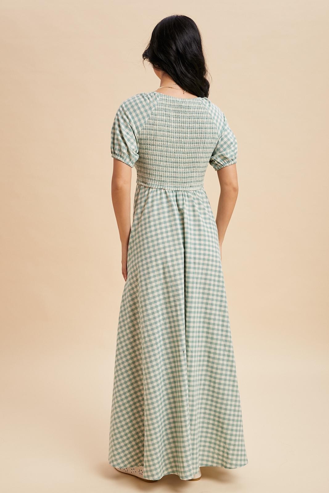 Mint Smocked Gingham Maxi Dress